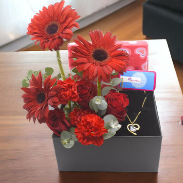Love's Embrace Bouquet, Red Gerbera, Rose, Carnation, Jewelry Necklace, Black Box